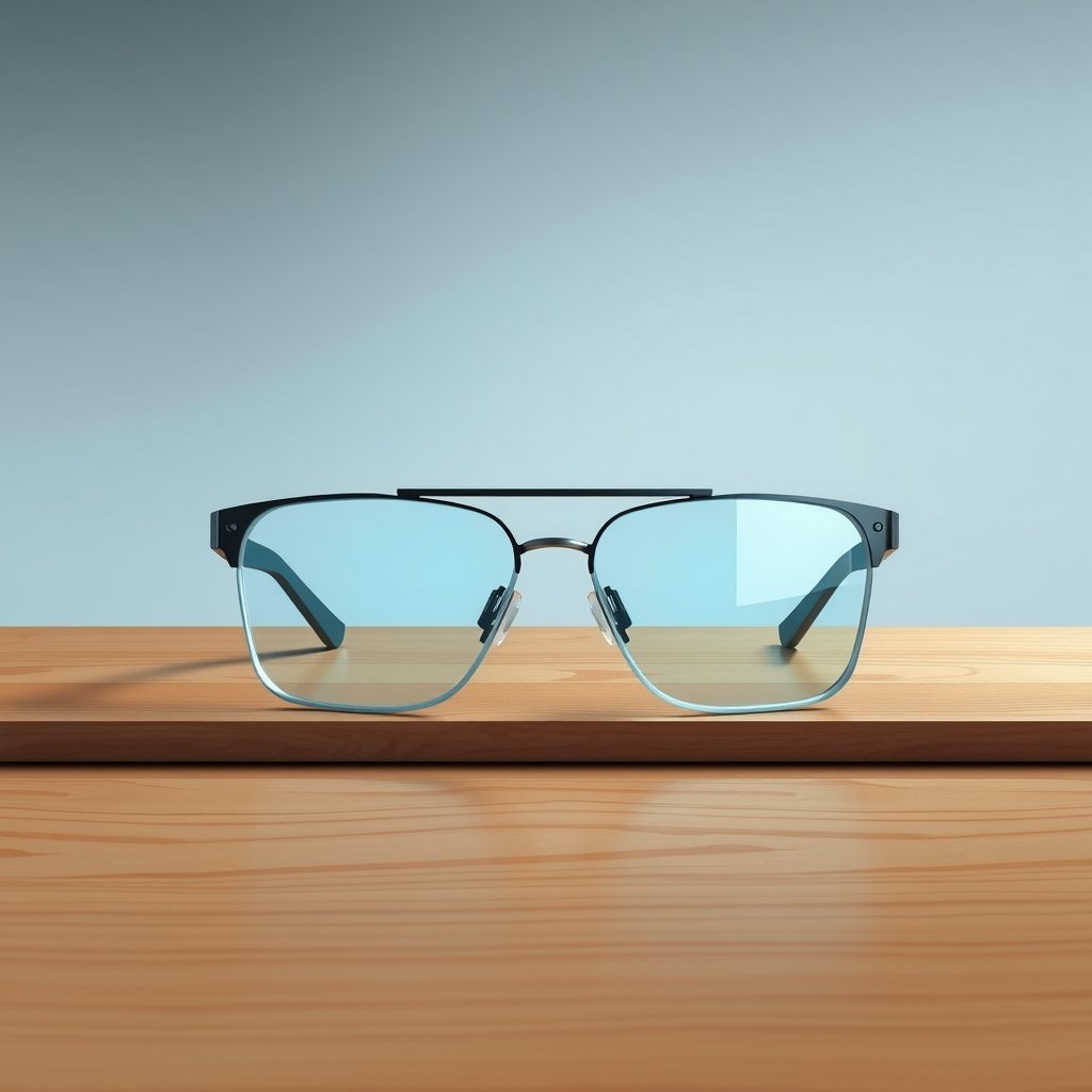 Apple Siri Vision Pro cuts - A conceptual image of a futuristic, minimalist pair of smart glasses resting on an Apple-st