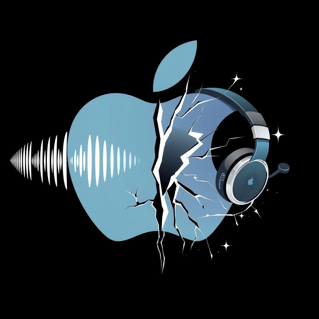 Apple Siri Vision Pro layoffs - An editorial illustration showing an Apple logo split into two halves, one side represen