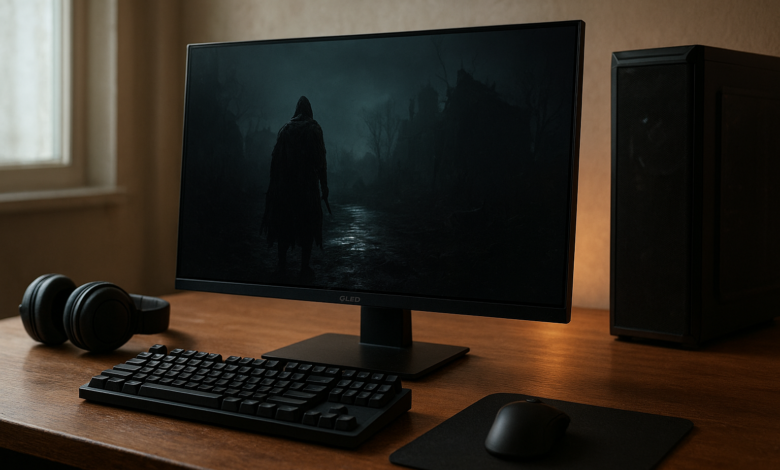 Asus ROG Swift OLED review monitor displayed on a gaming desk