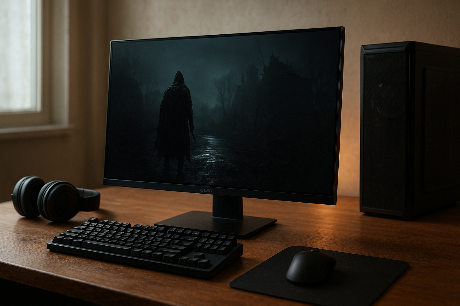 Asus ROG Swift OLED review monitor displayed on a gaming desk