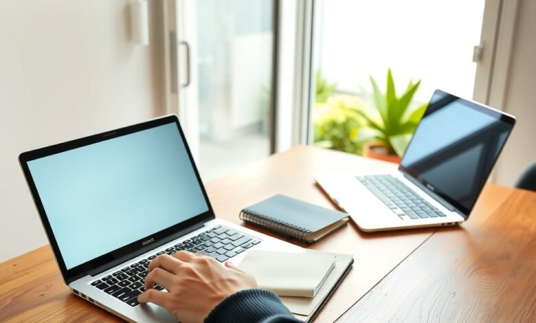 Australian laptop deals displayed on a laptop beside a comparison checklist and shopping accessories