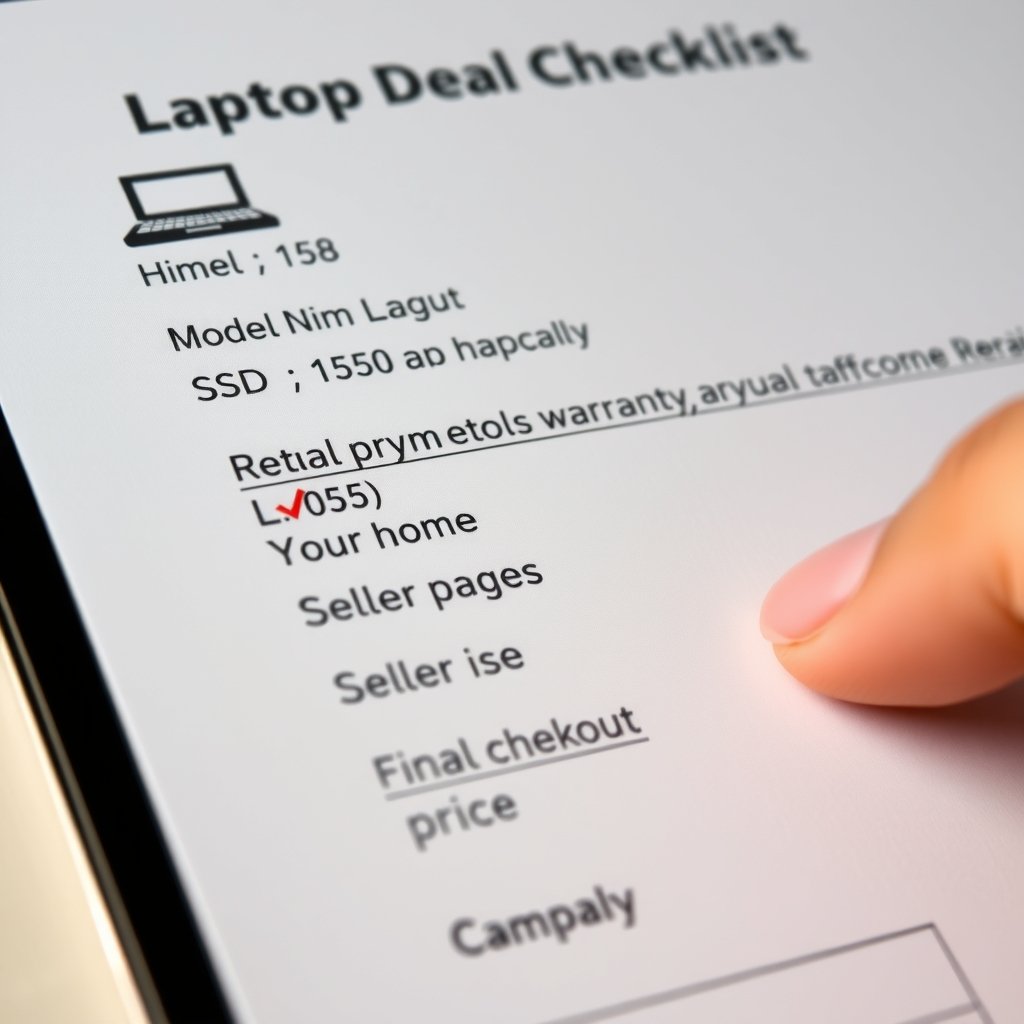 Australian laptop deals - Close-up of a laptop deal checklist showing model number, Australian keyboard layout, SSD capa