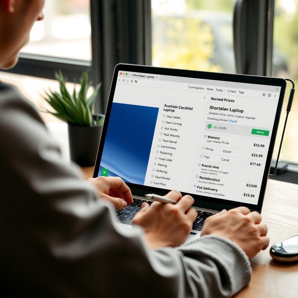 Australian laptop deals - Shopper reviewing a shortlisted Australian laptop on a desk with the final checklist completed