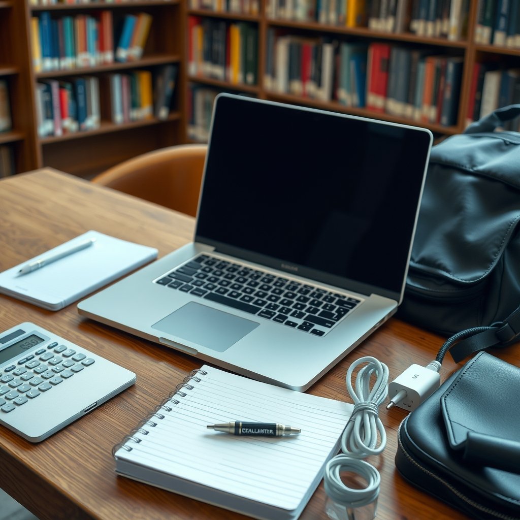 back to school laptop sales - A mid-range student laptop open on a library desk beside a calculator, ruled notebook, USB