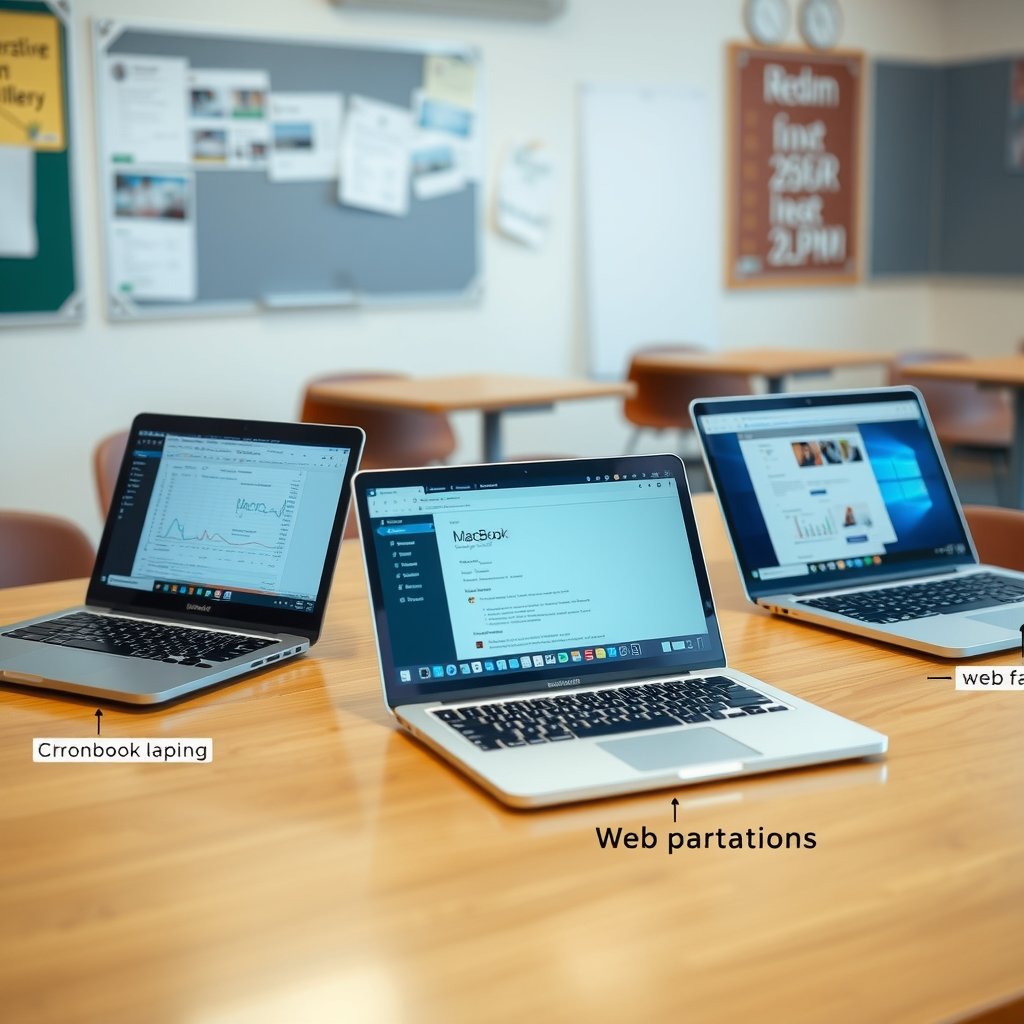 back to school laptop sales - Three student laptop setups on a classroom table: a Windows laptop running a spreadsheet, 