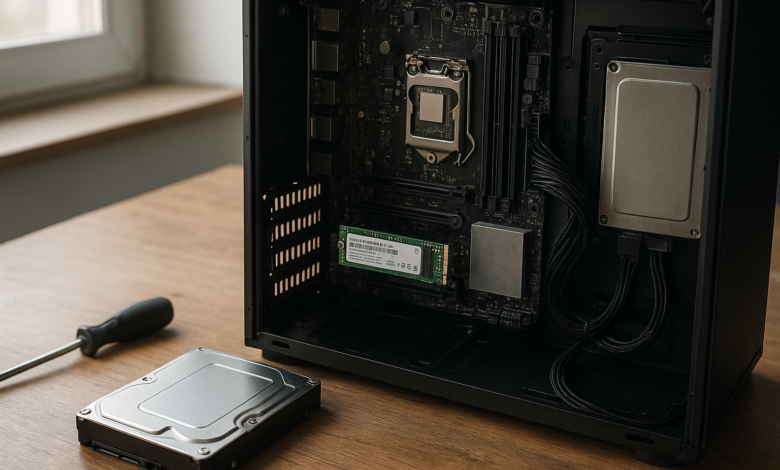 Best internal hard drives arranged beside a desktop PC with storage specifications displayed