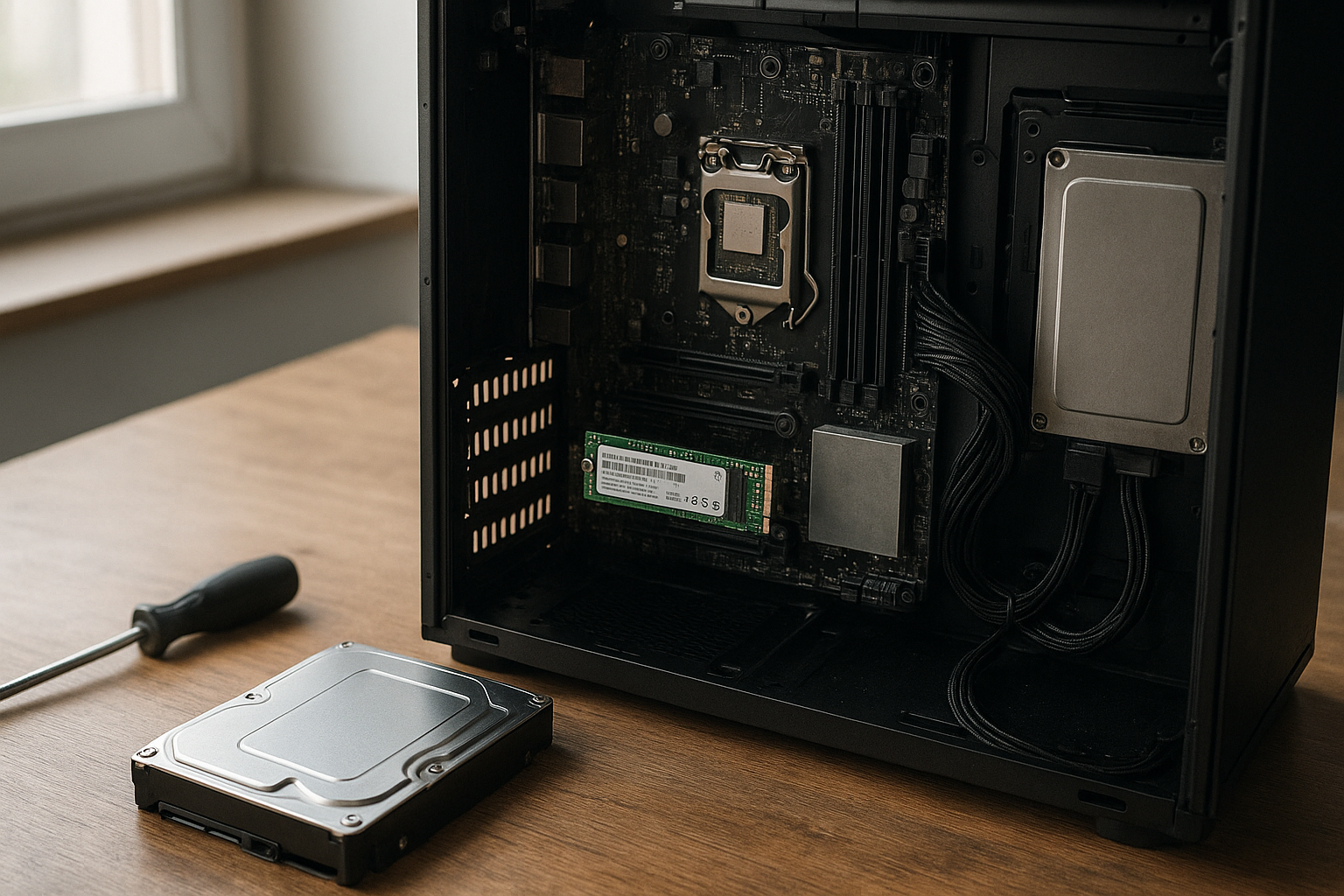 Best internal hard drives arranged beside a desktop PC with storage specifications displayed