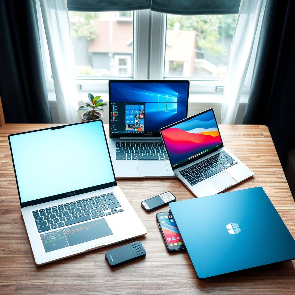 best laptops 2026 - A carefully arranged 2026 laptop comparison scene showing a compact MacBook Neo, a large premium Win