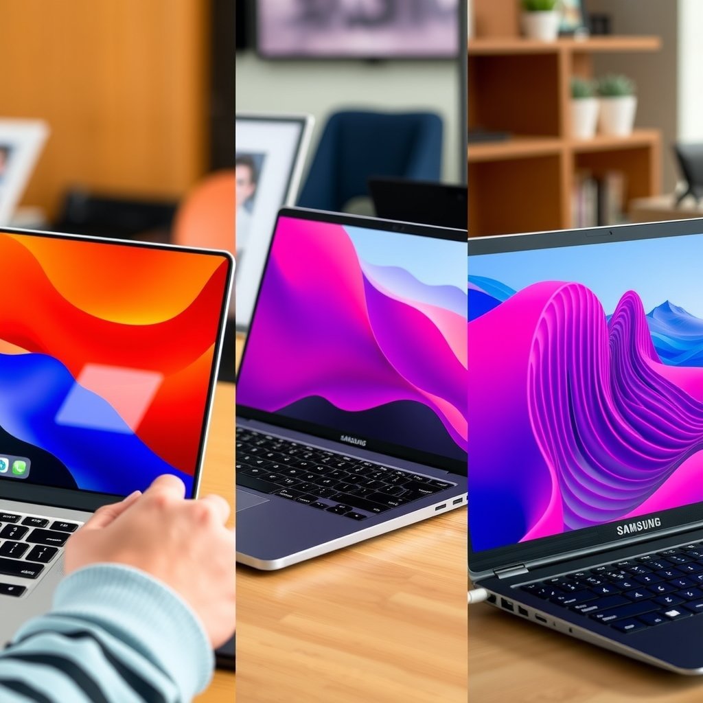 best laptops 2026 - A split-screen editorial comparison of the MacBook Neo, Samsung Galaxy Book6 Ultra, and Dell XPS 16