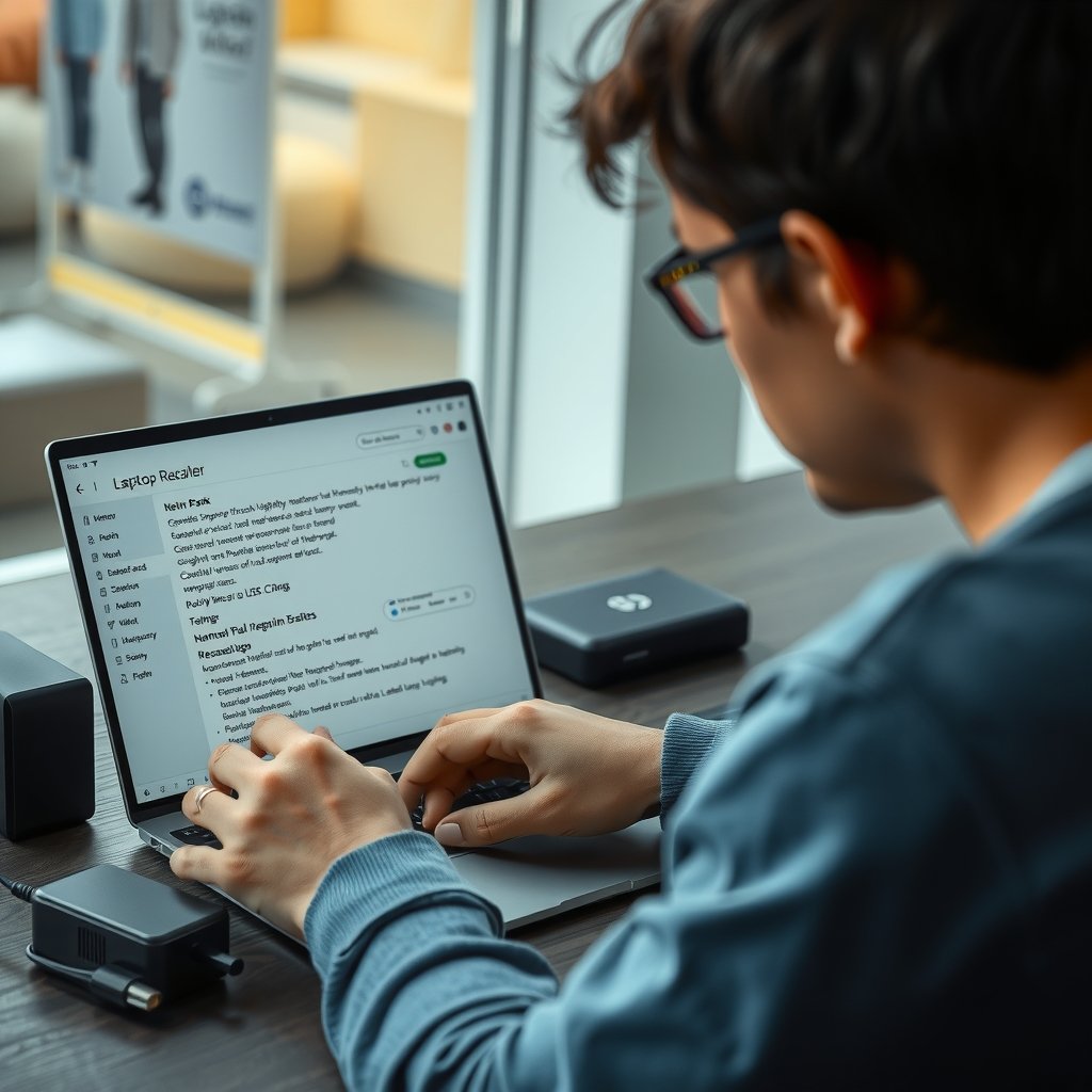 best laptops 2026 - A buyer checking a laptop retailer page for exact memory, storage, display, ports, warranty, and ret