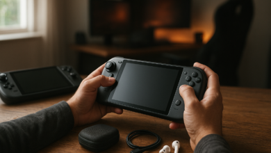 Best PC gaming handhelds arranged on a desk with a display showing a modern game
