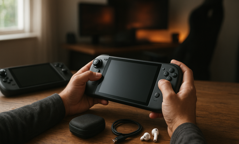 Best PC gaming handhelds arranged on a desk with a display showing a modern game