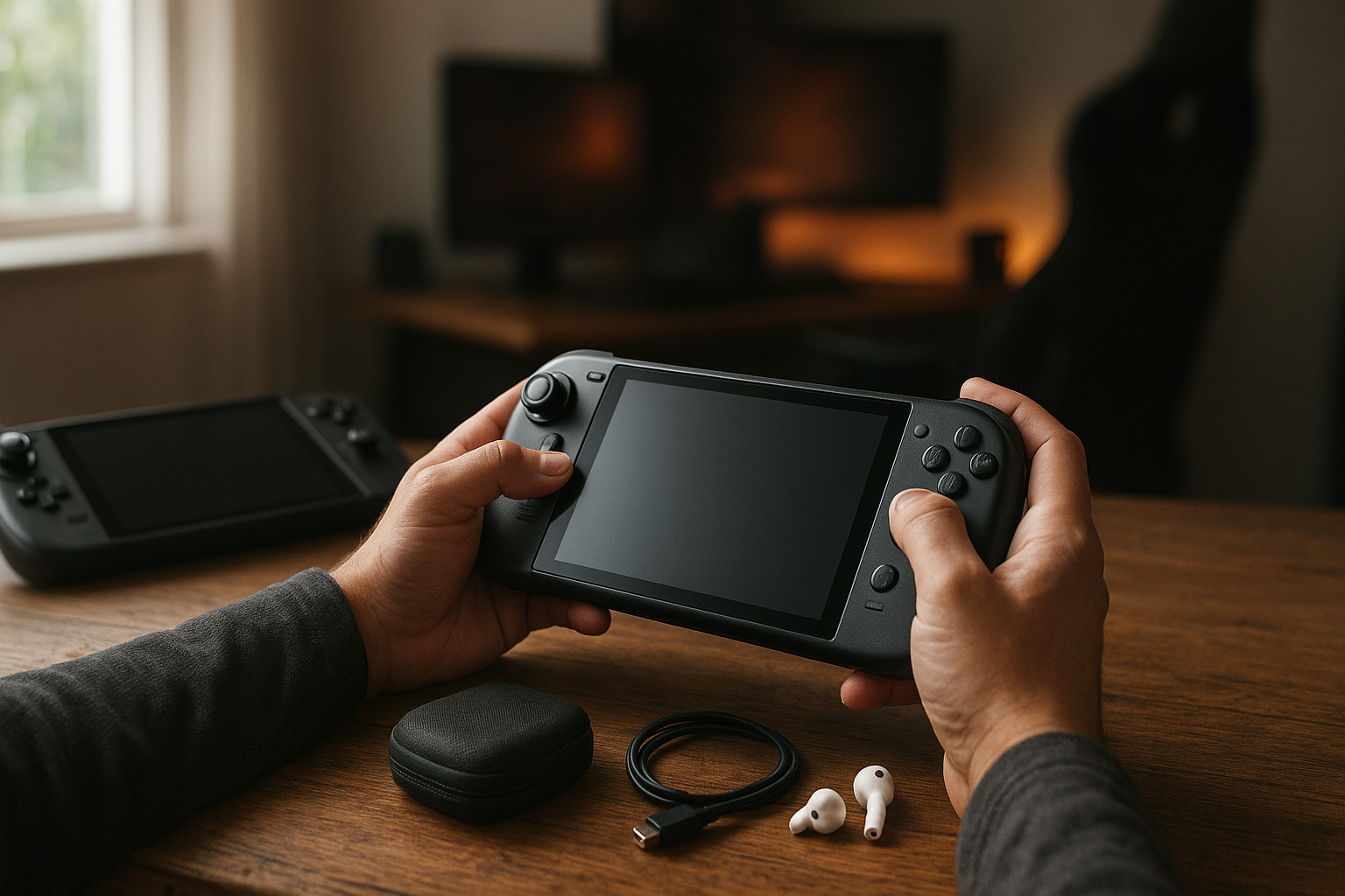 Best PC gaming handhelds arranged on a desk with a display showing a modern game