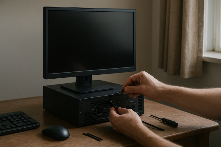 Black screen fix troubleshooting scene showing a dark monitor beside a graphics card and display cable