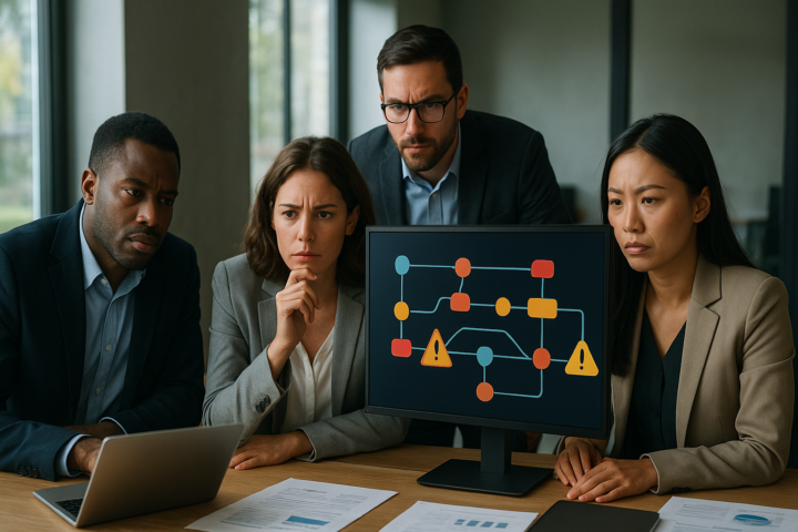 Business team reviewing an automated workflow on a large monitor in a modern office