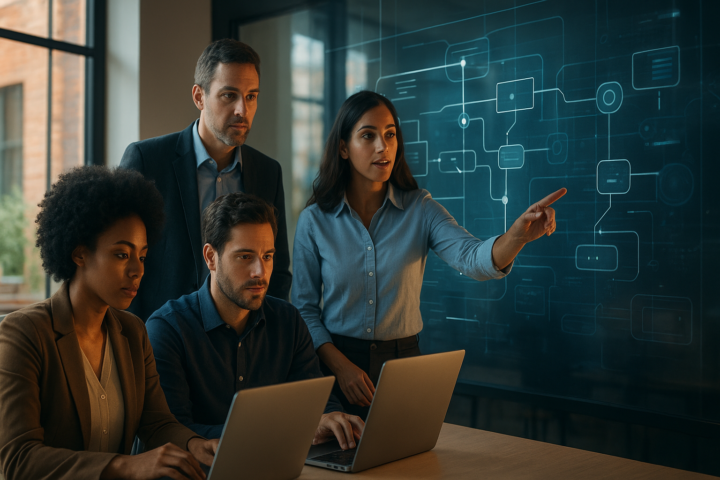 Business team reviewing automated workflows on a large monitor in a modern office