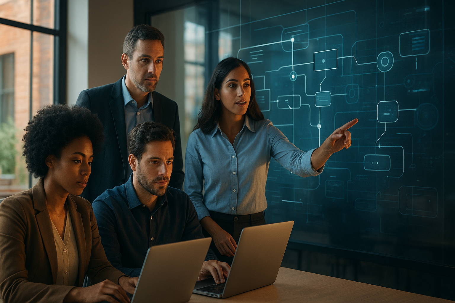 Business team reviewing automated workflows on a large monitor in a modern office