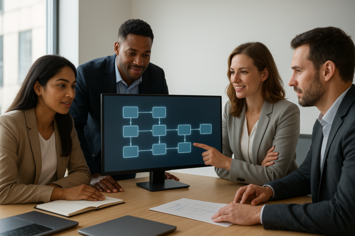 Team reviewing an automated business workflow on a large screen in a modern office