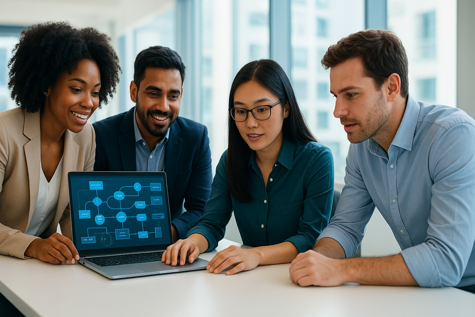 Business team reviewing automated workflows on a laptop in a modern office