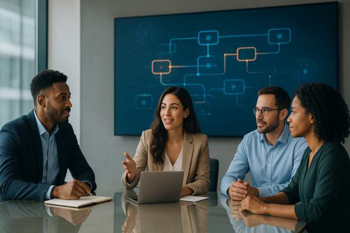 Modern business team reviewing automated workflows on a large digital dashboard in a bright office
