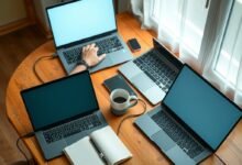 Cheap laptops arranged on a desk for a 2026 buying guide