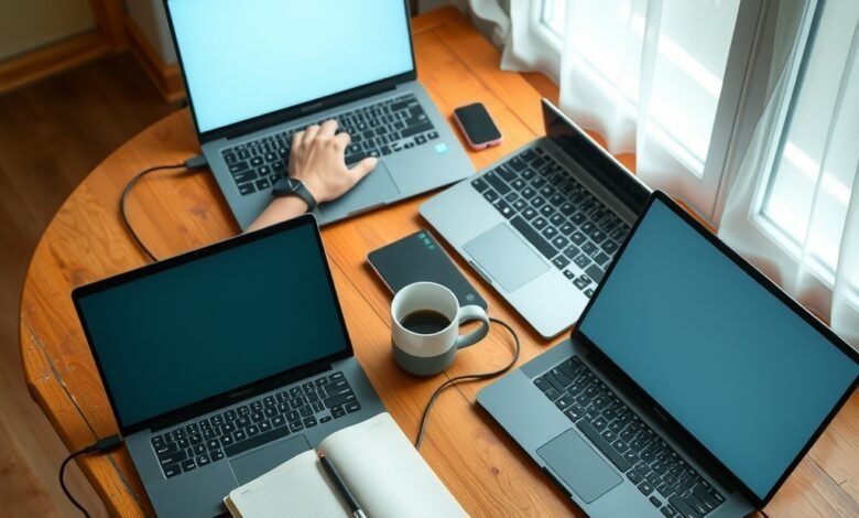 Cheap laptops arranged on a desk for a 2026 buying guide