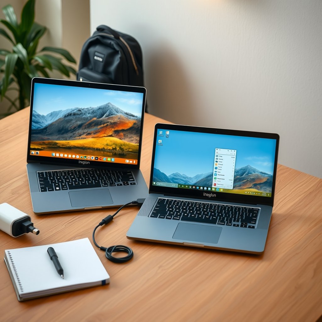 cheap laptops - Three affordable laptops on a desk beside a notebook, USB-C charger and student backpack, showing differ