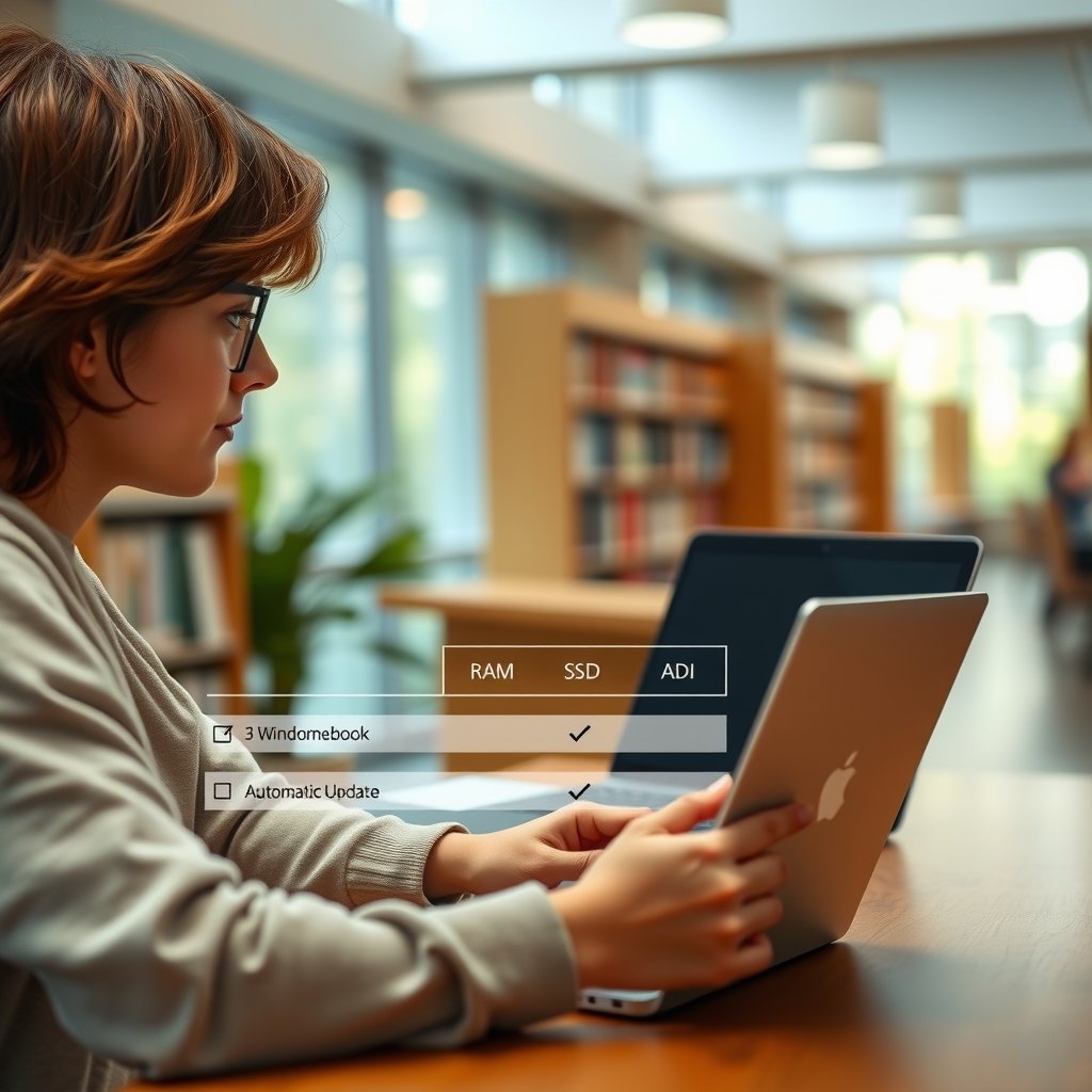 cheap laptops - Student using a compact Chromebook in a library beside a Windows laptop, with a comparison checklist sho