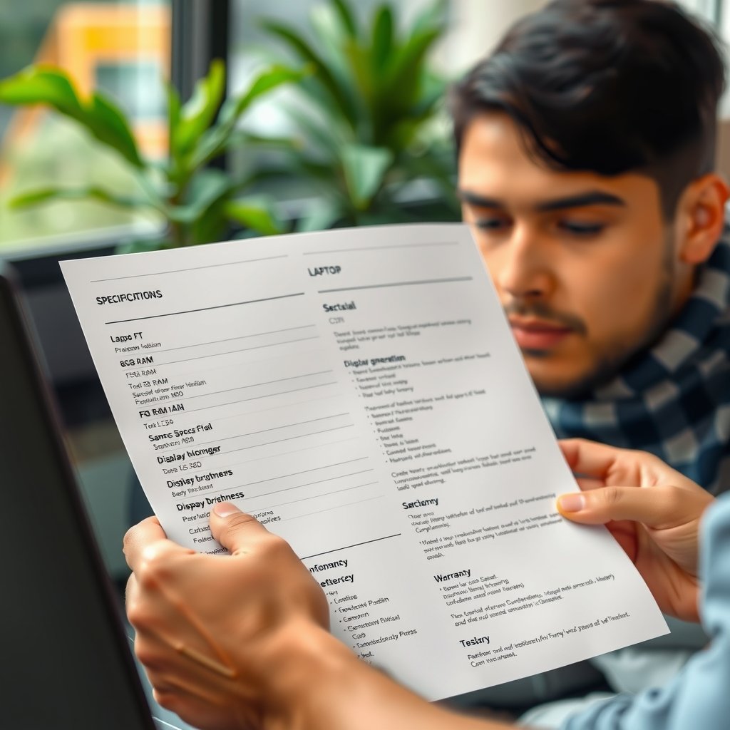 cheap laptops - Close-up of a laptop buyer comparing two specification sheets, with highlighted fields for processor gen