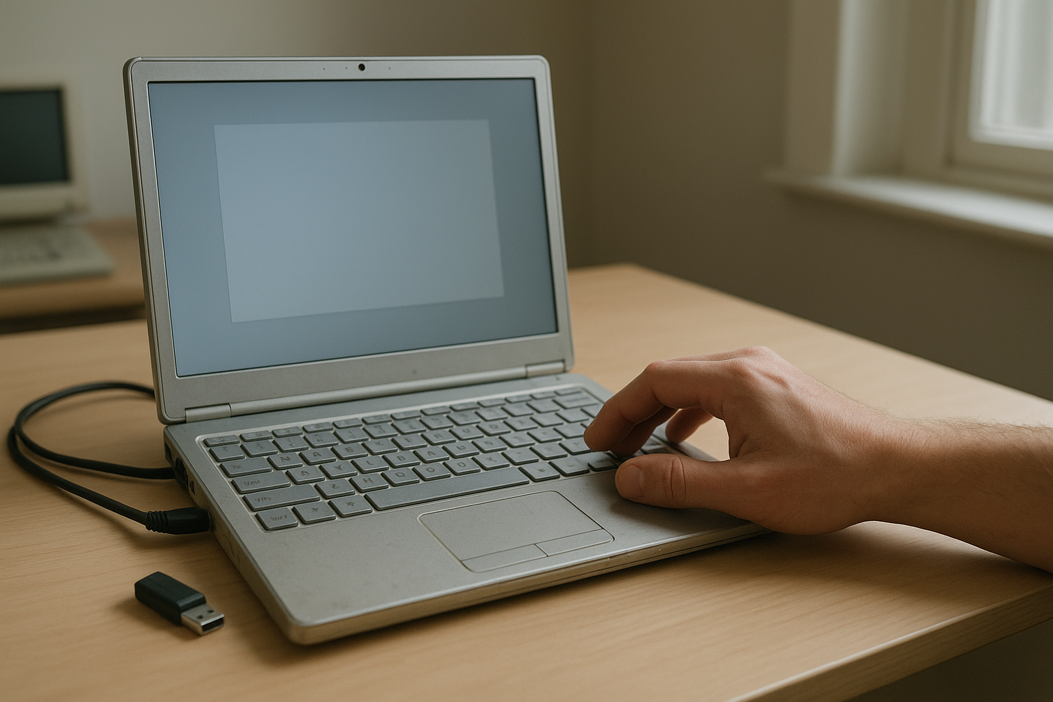 ChromeOS Flex USB installer connected to an older laptop during deployment