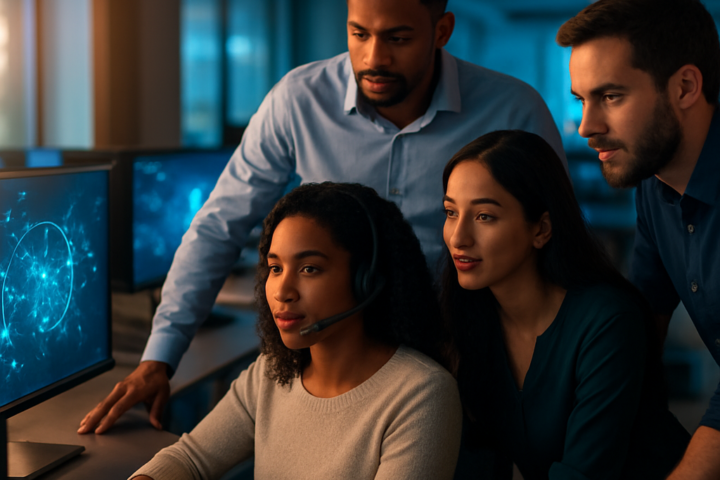 Customer service team collaborating with an advanced AI support interface in a modern office