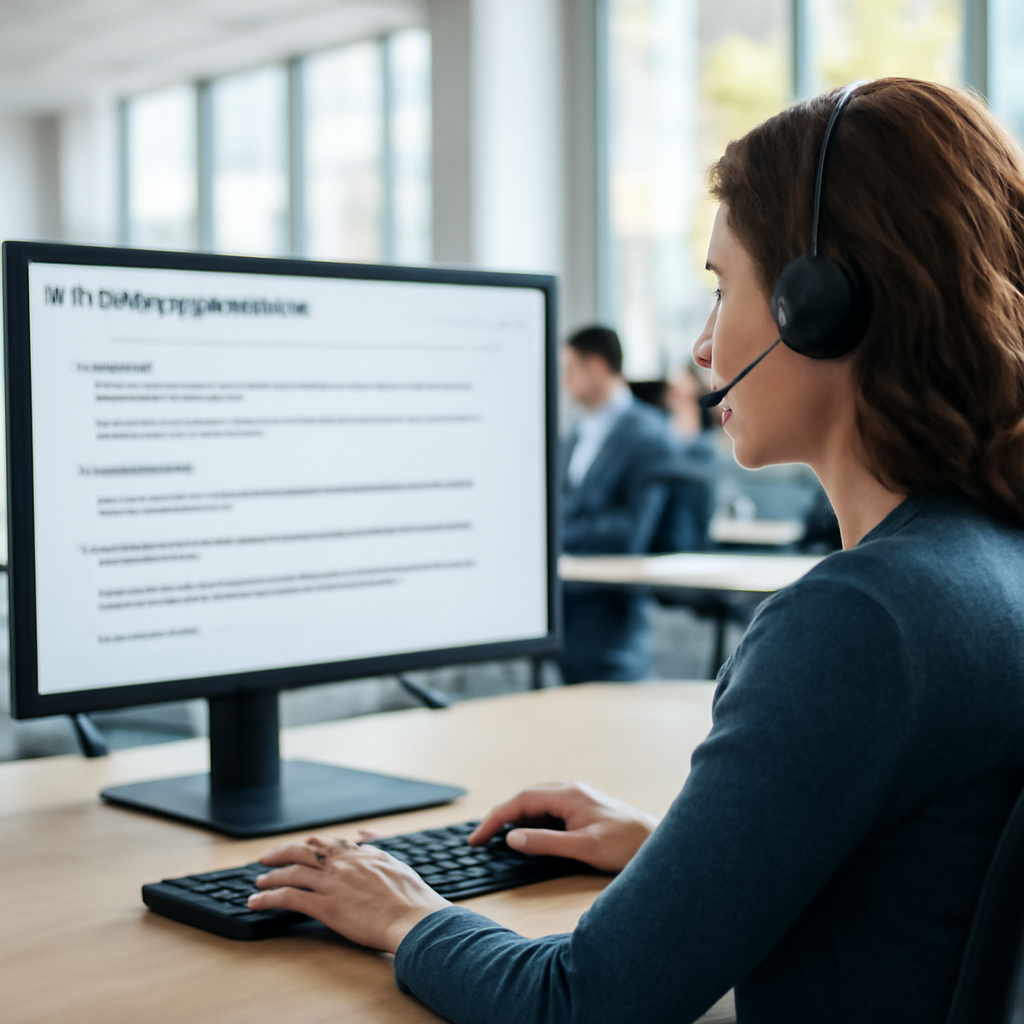 a customer support agent viewing an AI-generated conversation summary on a large monitor in a bright modern contact cent