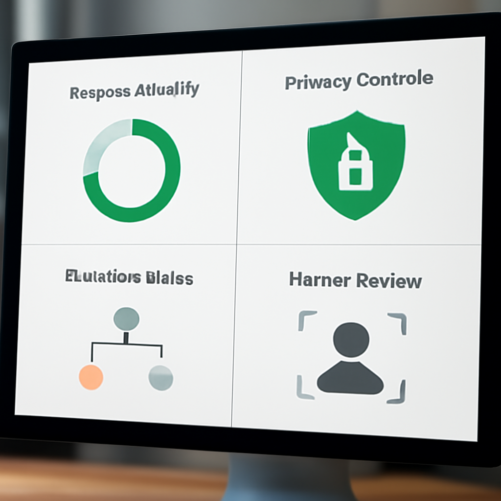a split-screen customer service dashboard showing response quality, privacy controls, escalation paths, and human review