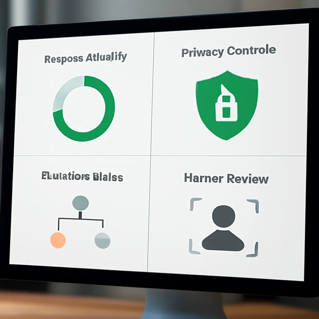 a split-screen customer service dashboard showing response quality, privacy controls, escalation paths, and human review