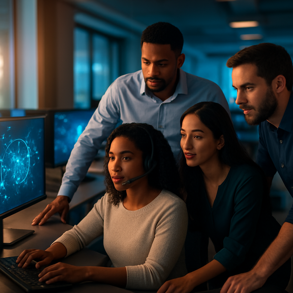 Customer service team collaborating with an advanced AI support interface in a modern office