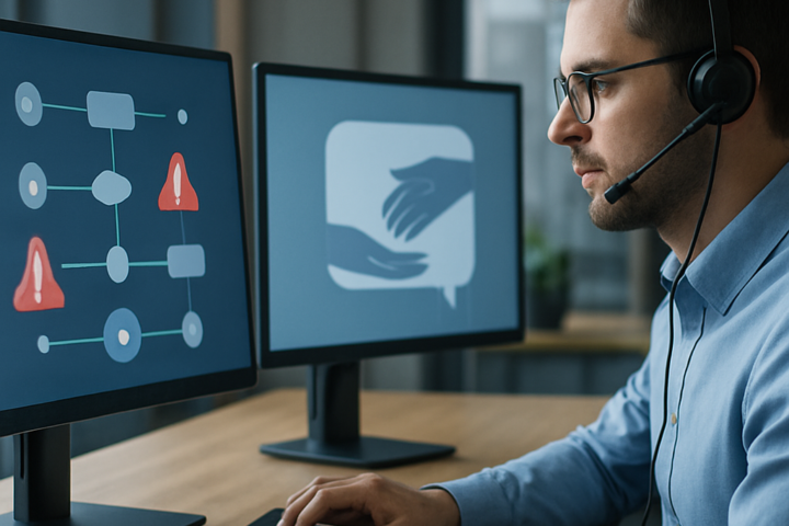Customer support agent reviewing automated service workflows on a computer with a helpful AI interface