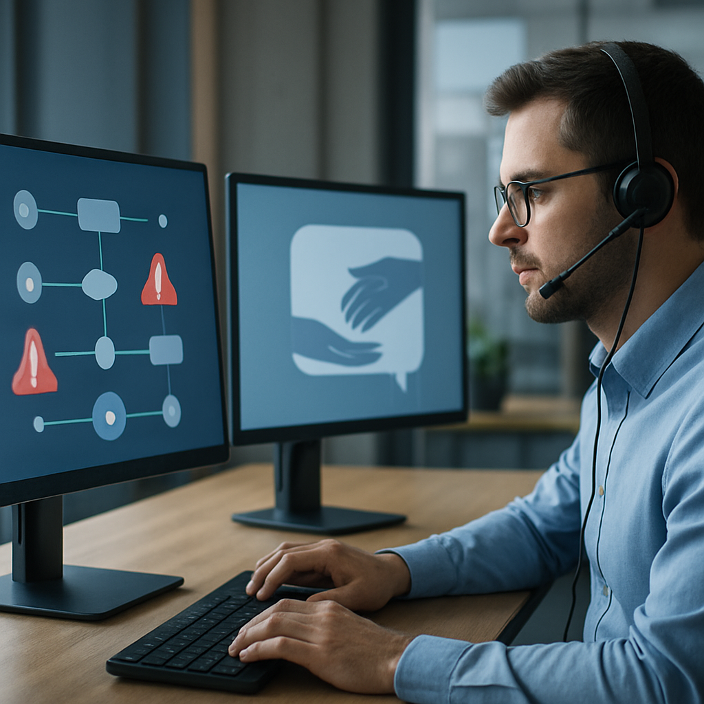 Customer support agent reviewing automated service workflows on a computer with a helpful AI interface