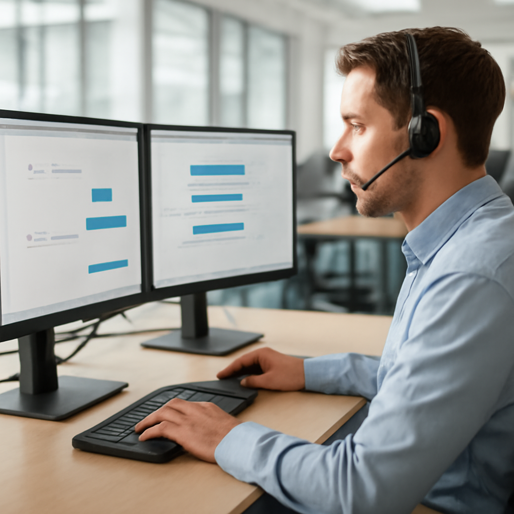 a customer support agent reviewing an AI-assisted conversation on dual monitors in a bright modern service centre