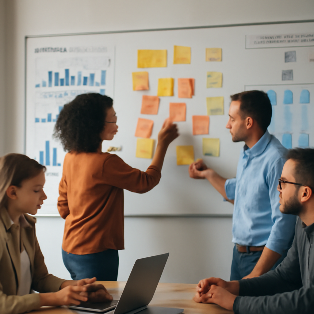 a product team mapping a customer support workflow with sticky notes, analytics dashboards and a visible human escalatio