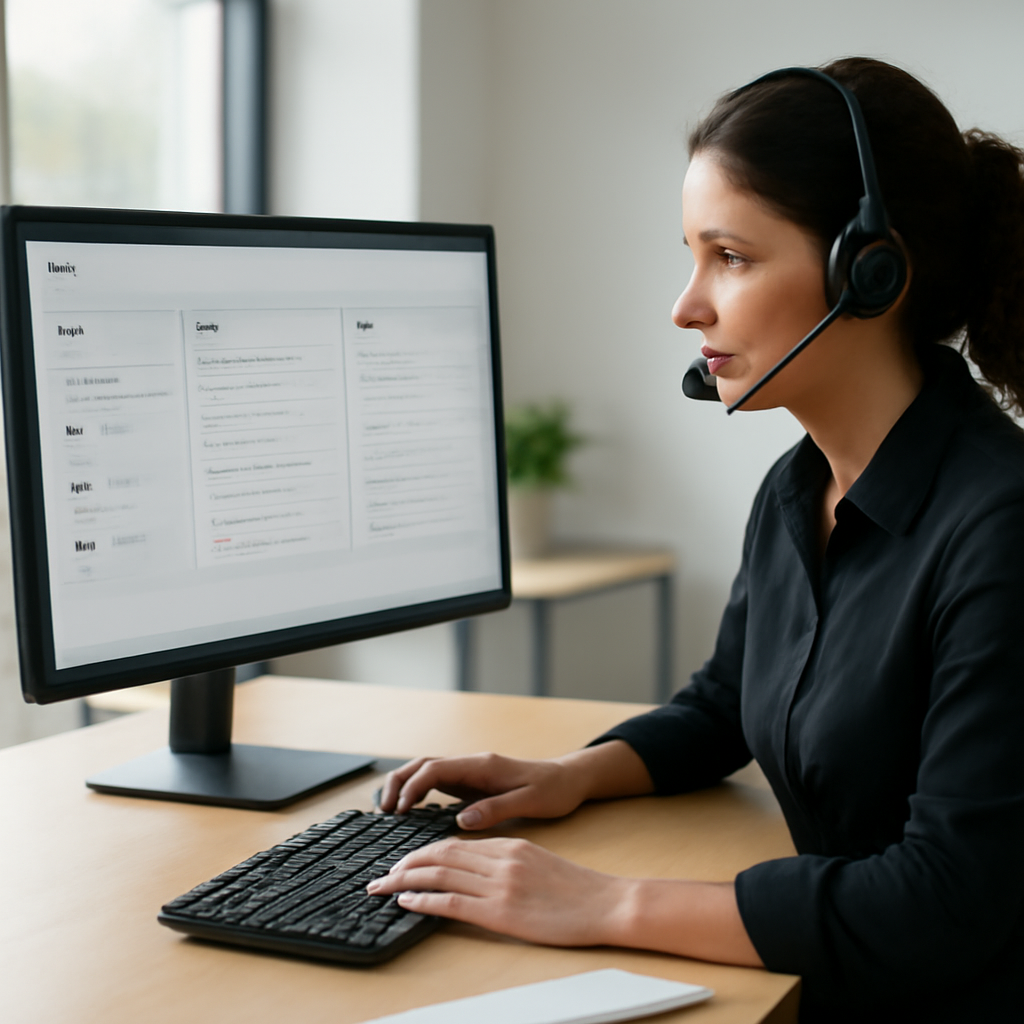 a customer support manager reviewing a unified dashboard with chat, email, and ticket queues in a bright modern office