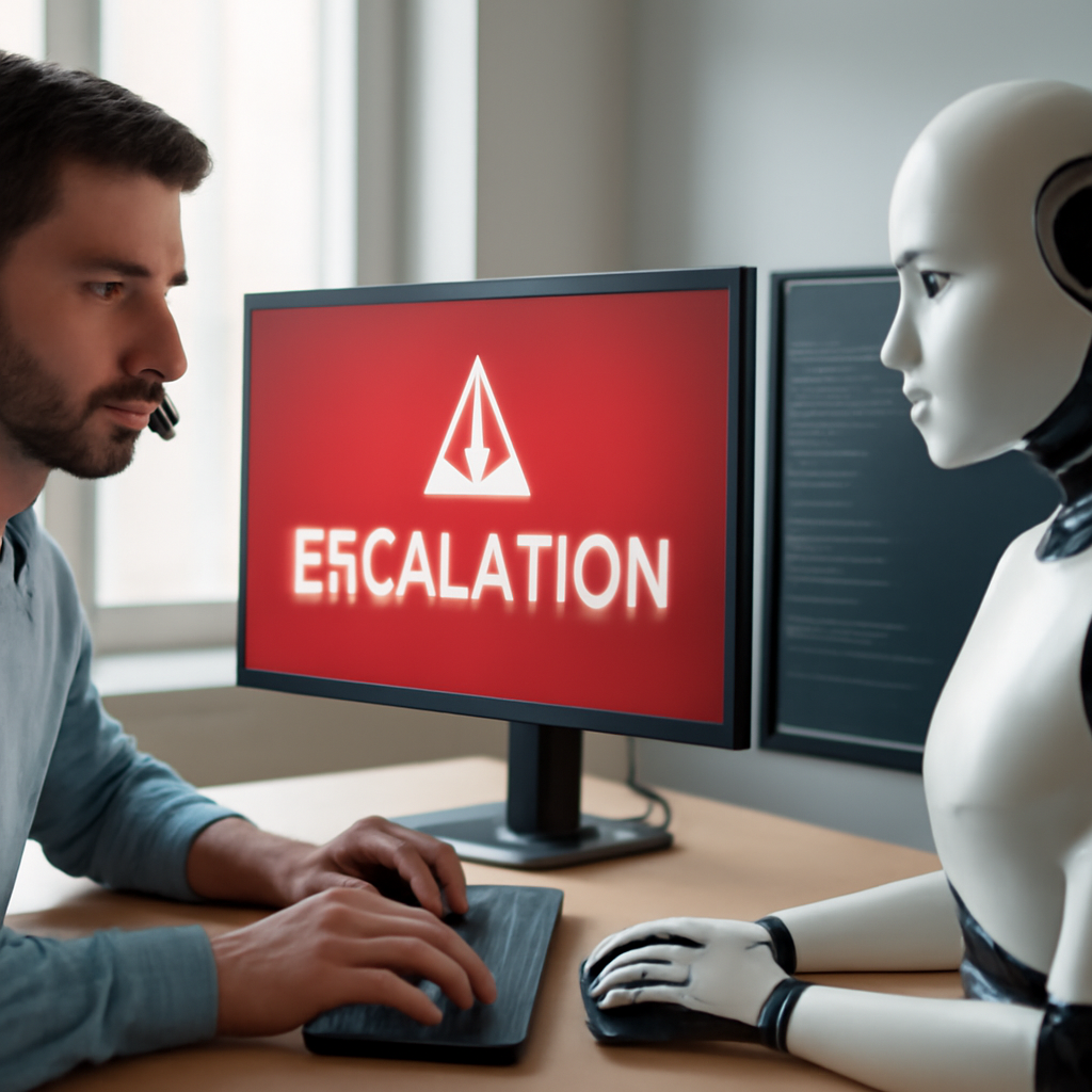 a support agent and an AI assistant working together at dual monitors, with a clear escalation alert on screen