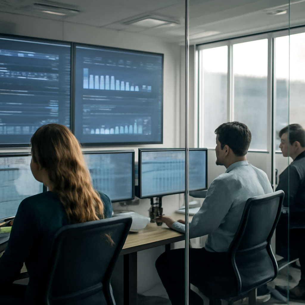 a transparent customer support operations room with wall screens showing resolved tickets, escalations, and quality revi