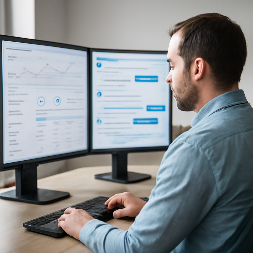 a support manager reviewing an AI-assisted customer service dashboard with tickets, chat messages, and workflow diagrams