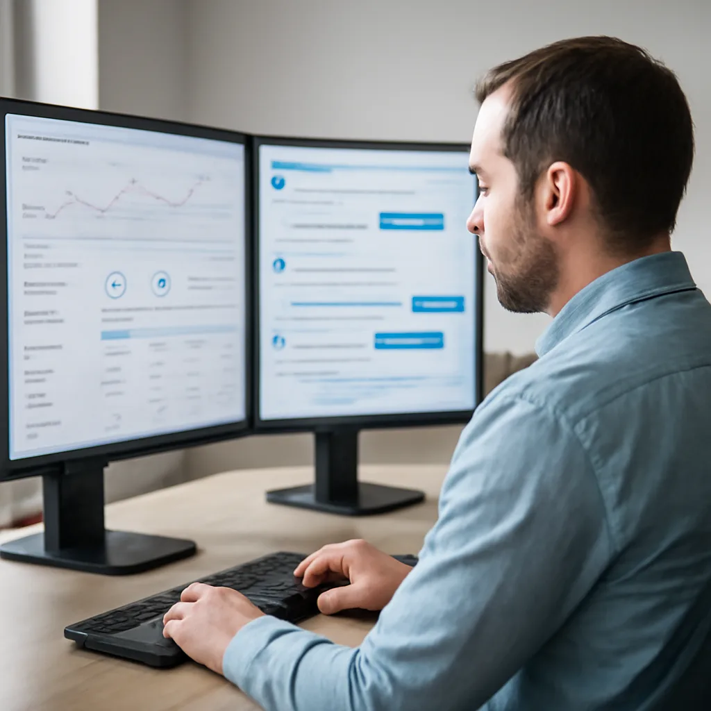 a support manager reviewing an AI-assisted customer service dashboard with tickets, chat messages, and workflow diagrams