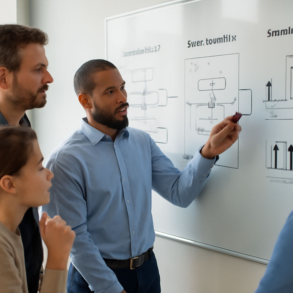 a customer support team collaborating around a wall display showing ticket routing, chatbot escalation, and service perf