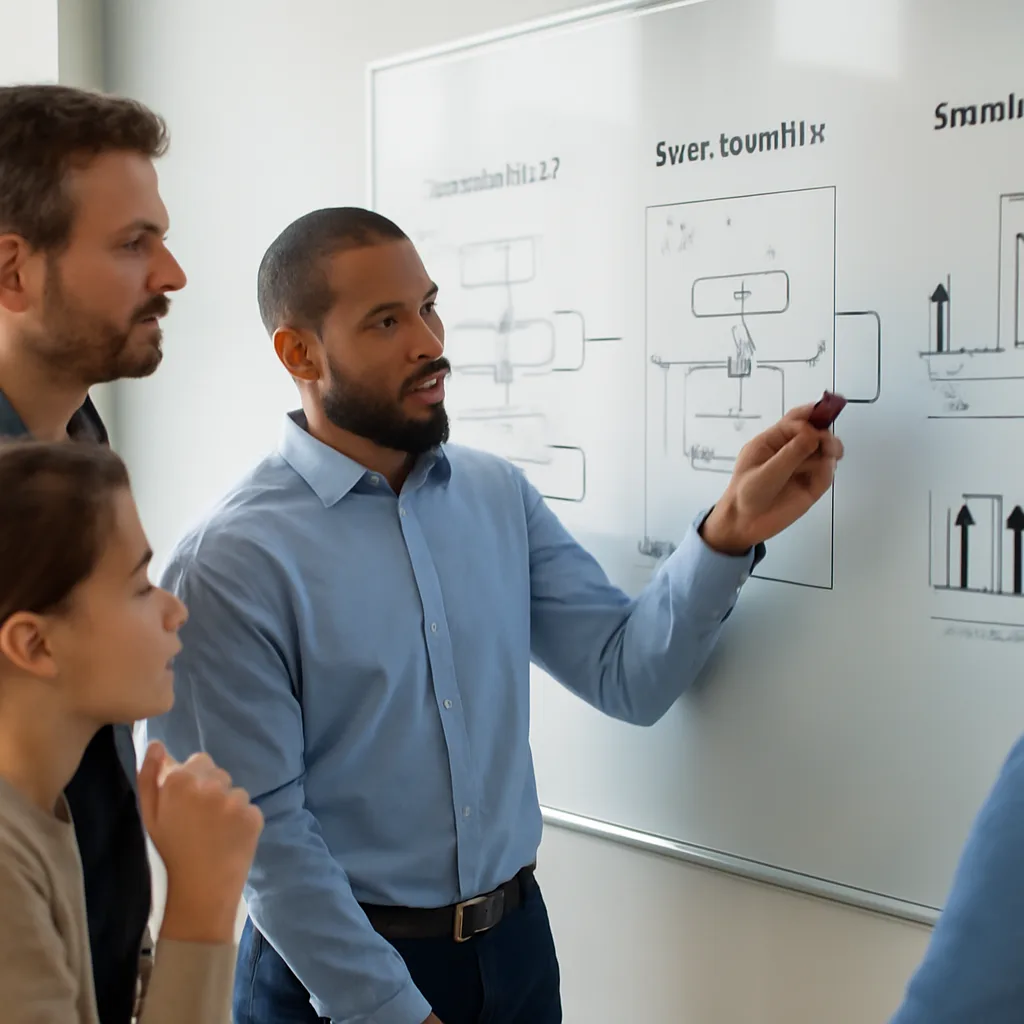a customer support team collaborating around a wall display showing ticket routing, chatbot escalation, and service perf
