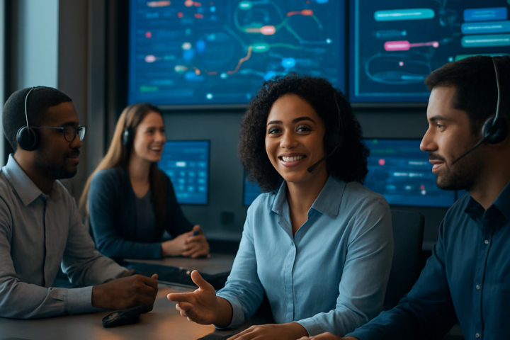 Customer service team using an AI-powered automation dashboard in a modern support center