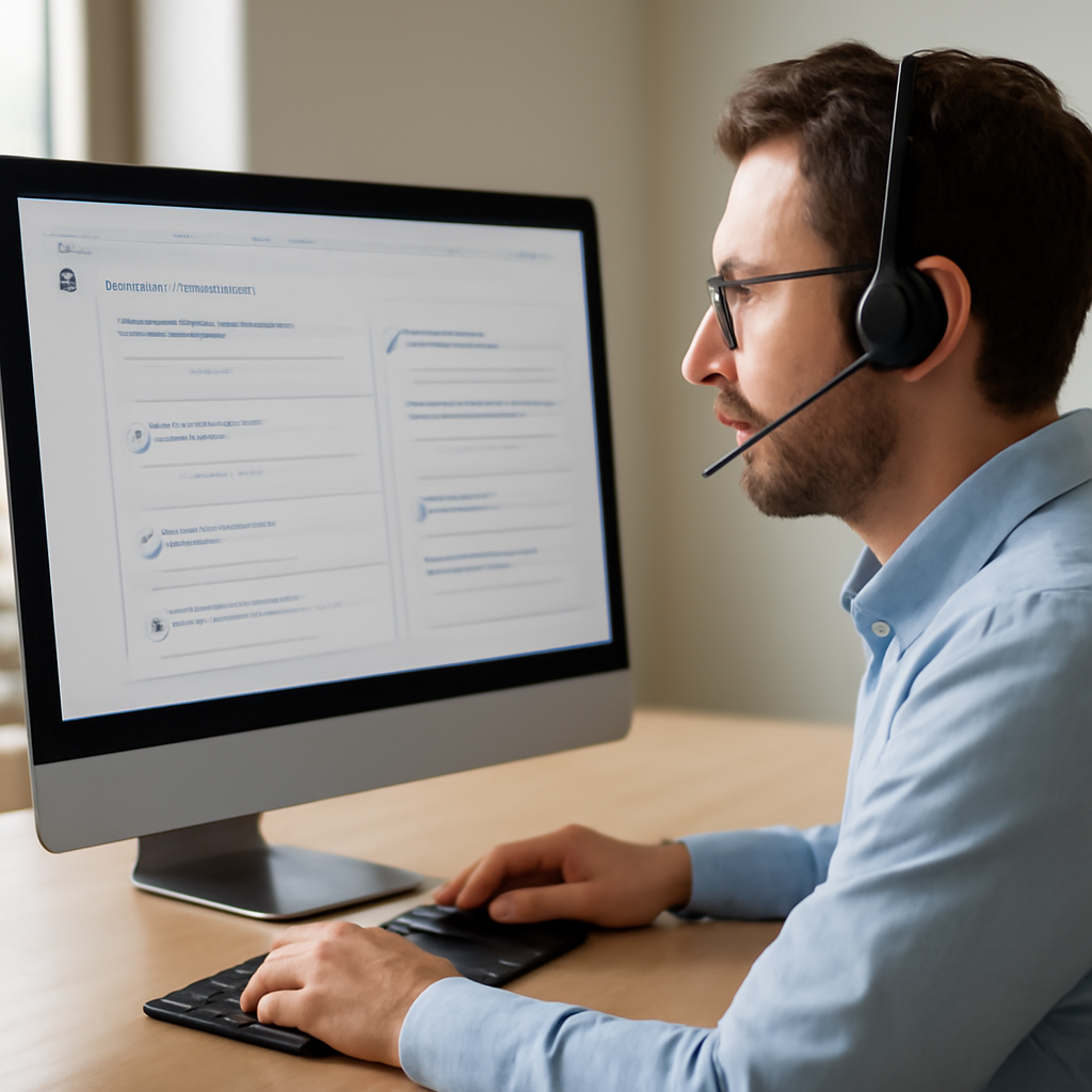 a customer support professional viewing an AI-assisted dashboard with conversation summaries and suggested responses