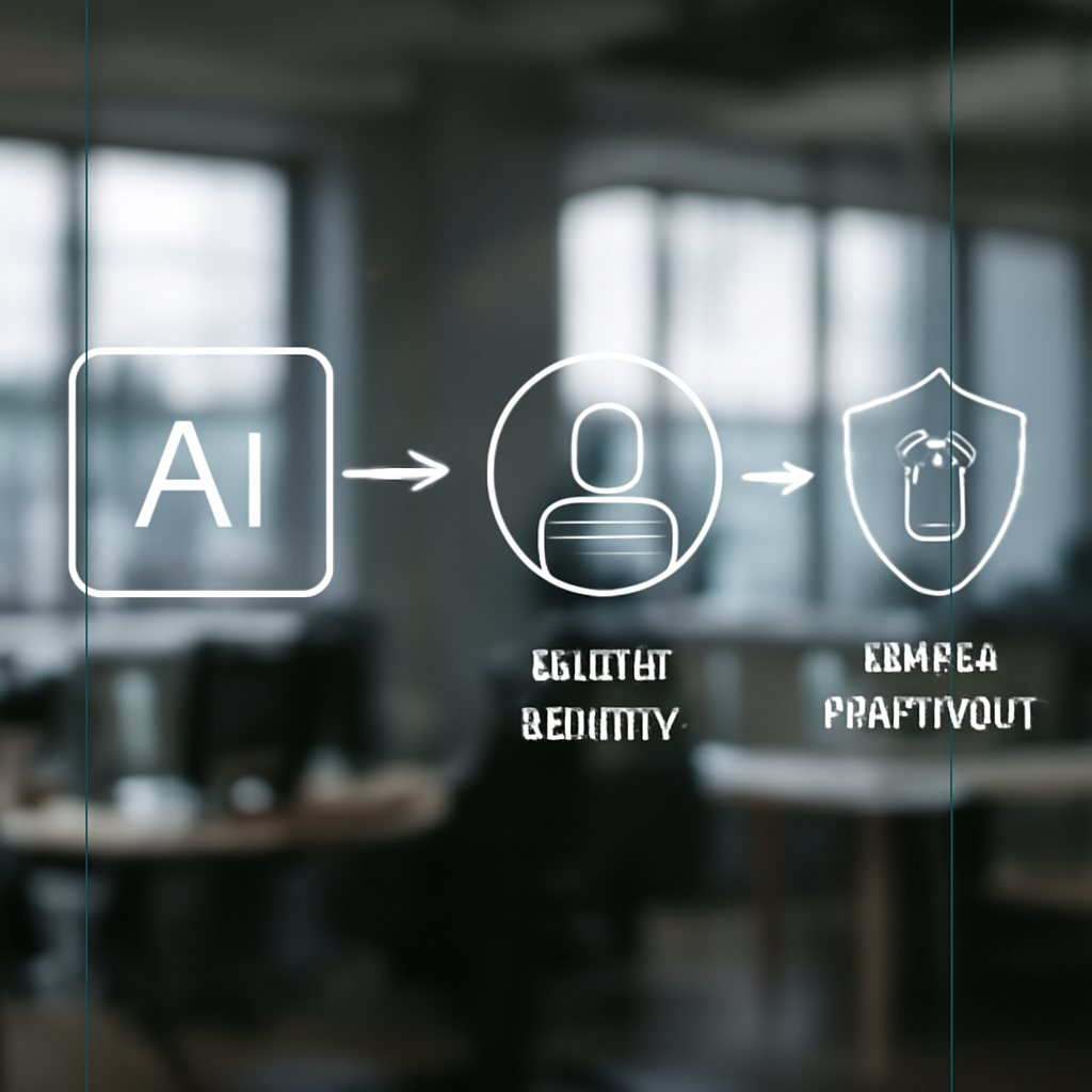 a transparent customer service workflow diagram on a glass office wall showing AI, agent review, and secure escalation p