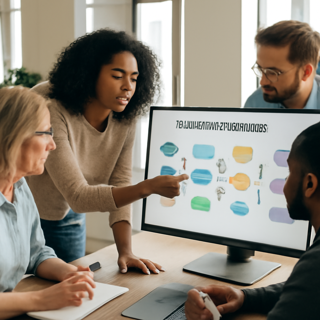 a diverse support team collaborating around a digital customer journey map in a bright modern workspace